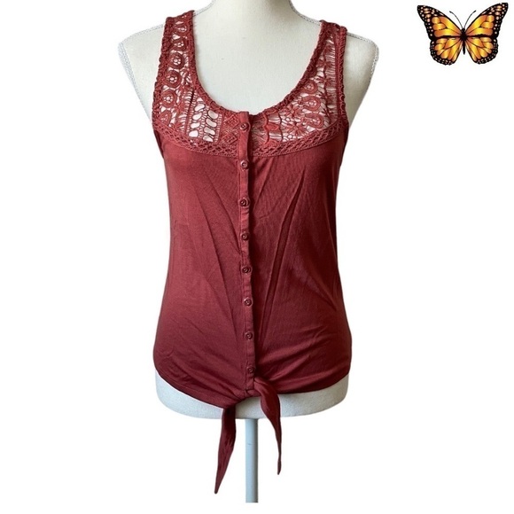 Kismet Vale Spice Button front Crochet Yoke Trim Sleeveless Top Extra Small - Picture 1 of 11